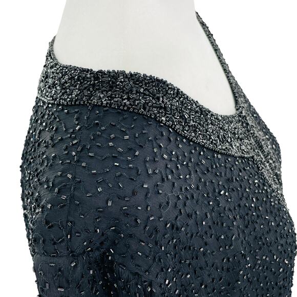 Vintage Black 100% Silk Beaded Collarless Long Sleeves Lined Jacket Size M/L - Picture 5 of 12